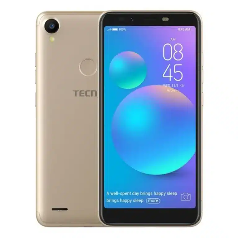 Front view of the Tecno Pop 1s smartphone, showing its 5.5-inch display and stylish design.