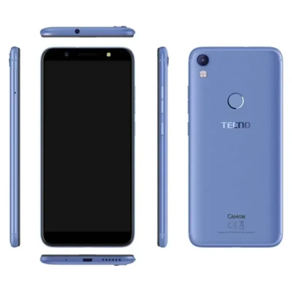 Image of the Tecno Spark CM smartphone, featuring a sleek and slim design with a 5.7-inch HD+ FullView display, a 13MP rear camera, and an 8MP front camera with LED flash.