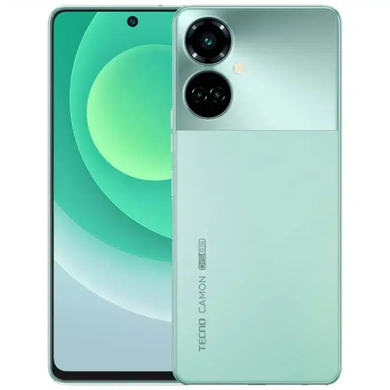 An image of the Tecno Camon 19 Pro 5G smartphone, showcasing its slim and sleek design, large 6.8-inch FHD+ display, and a 64MP triple rear camera system with OIS. The phone is set against a smooth matte finish and supports 5G connectivity for faster performance.