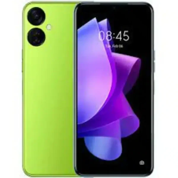 A Tecno Spark 9T smartphone with a 6.6-inch HD+ display, featuring a compact, sleek design in vibrant colors and a 13MP AI triple rear camera system. The phone highlights its budget-friendly features with a focus on camera quality and long-lasting battery life.