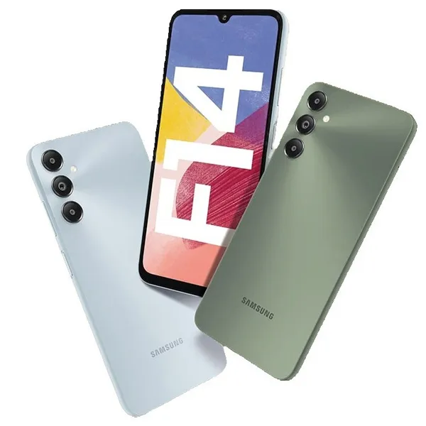 A sleek, black Samsung Galaxy F14 4G smartphone with a large display and dual rear cameras.