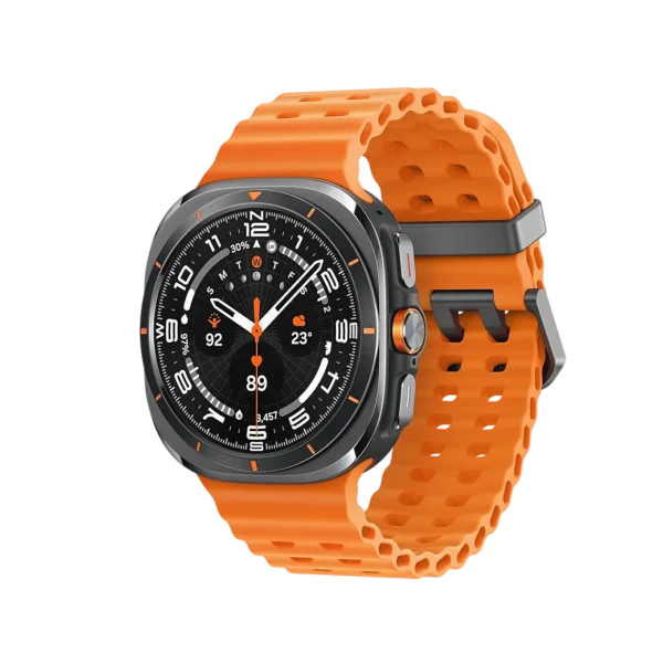 A rugged, black smartwatch with a large, circular display and a protruding bezel. The watch face shows the time and date.