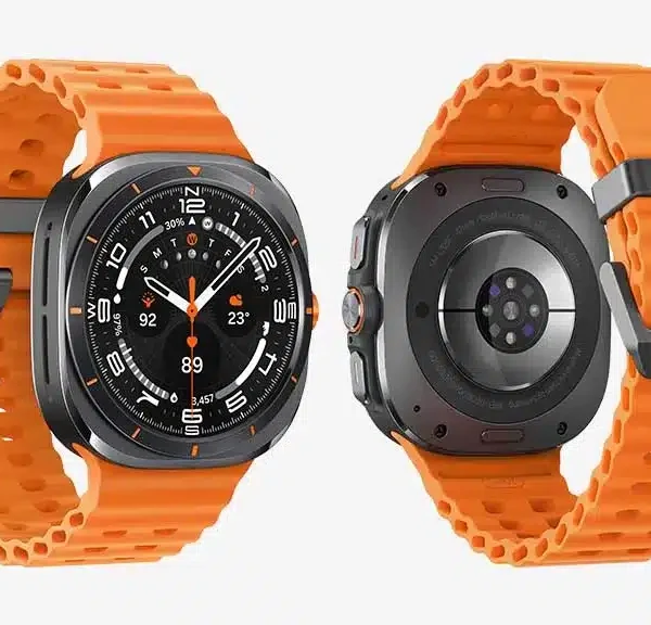 A rugged, black smartwatch with a large, circular display and a protruding bezel. The watch face shows the time and date.