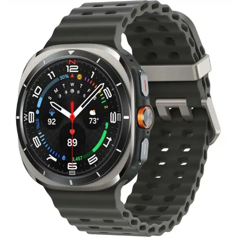 A rugged, black smartwatch with a large, circular display and a protruding bezel. The watch face shows the time and date.