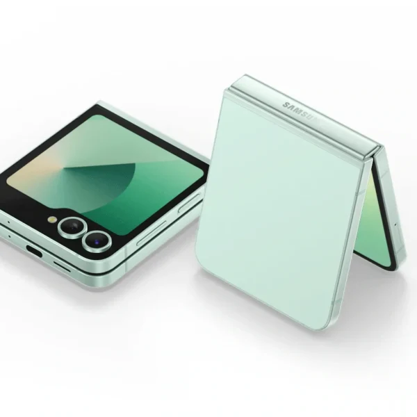 A sleek, folded smartphone with a glossy exterior. The phone is closed, with a small cover screen visible.