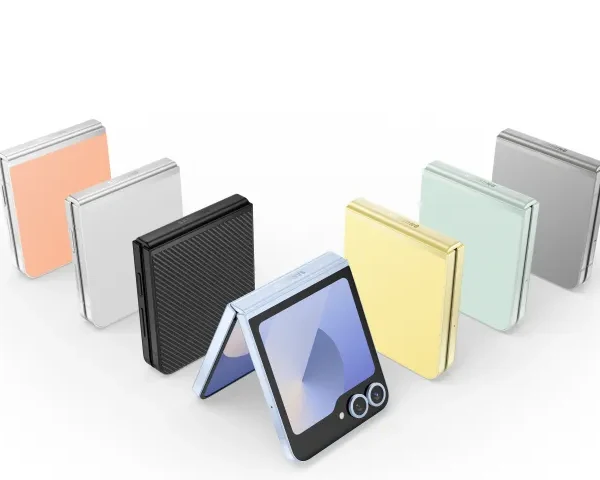 A sleek, folded smartphone with a glossy exterior. The phone is closed, with a small cover screen visible.