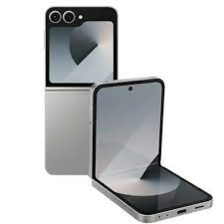 A sleek, folded smartphone with a glossy exterior. The phone is closed, with a small cover screen visible.
