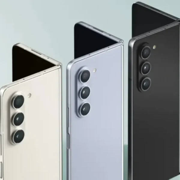 A sleek, folded smartphone with a large, flexible screen.