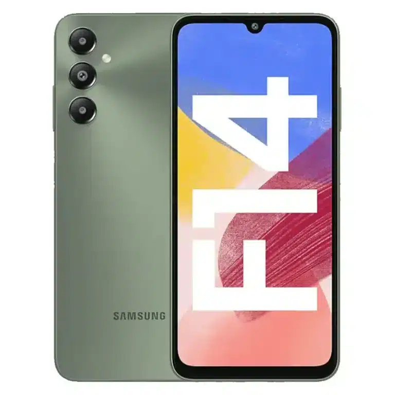 A sleek, black Samsung Galaxy F14 4G smartphone with a large display and dual rear cameras.