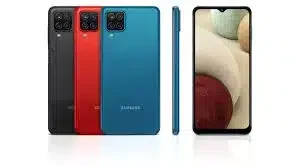 Samsung Galaxy A12 smartphone, black color, front and back view