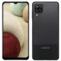 Samsung Galaxy A12 smartphone, black color, front and back view