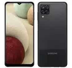 Samsung Galaxy A12 smartphone, black color, front and back view