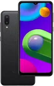 Samsung Galaxy M02 smartphone, front view, showcasing the display and camera.