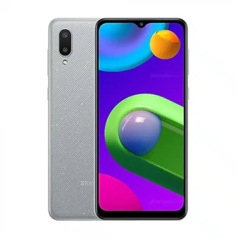 Samsung Galaxy M02 Samsung Galaxy M02 smartphone, front view, showcasing the display and camera.