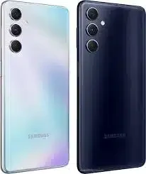 Samsung Galaxy M54 smartphone, dark blue color, featuring a large display and a triple rear camera setup.