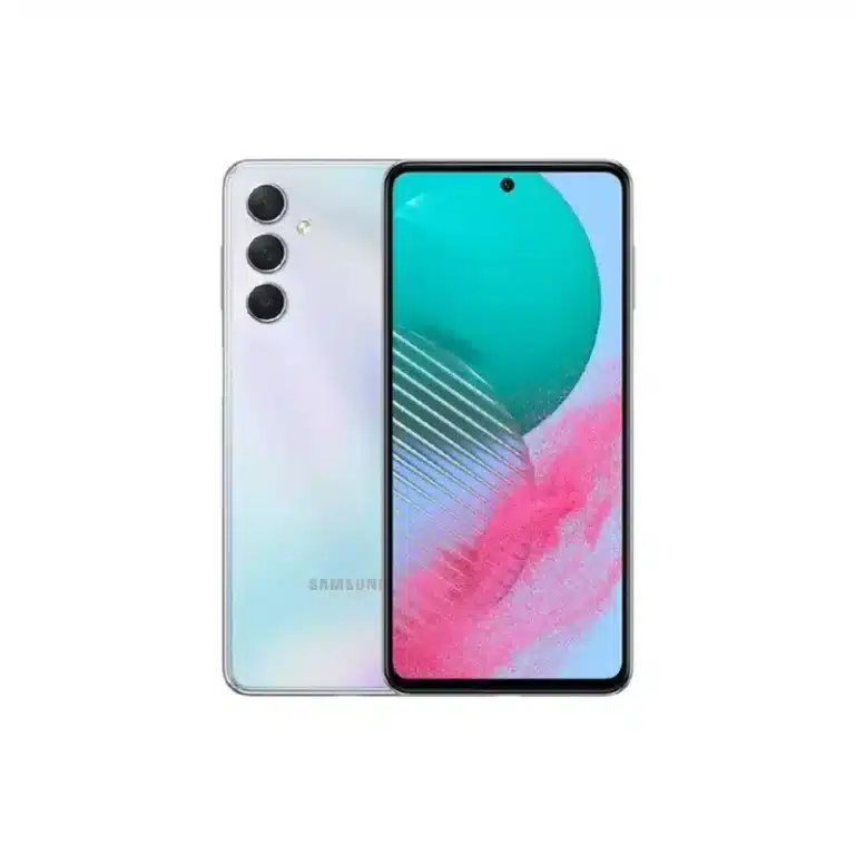 Samsung Galaxy M54 smartphone, dark blue color, featuring a large display and a triple rear camera setup.