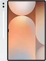 A sleek, silver Samsung Galaxy Tab S10+ tablet resting on a white surface, showcasing its large, high-resolution display.