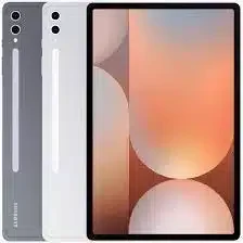 A sleek, silver Samsung Galaxy Tab S10+ tablet resting on a white surface, showcasing its large, high-resolution display.