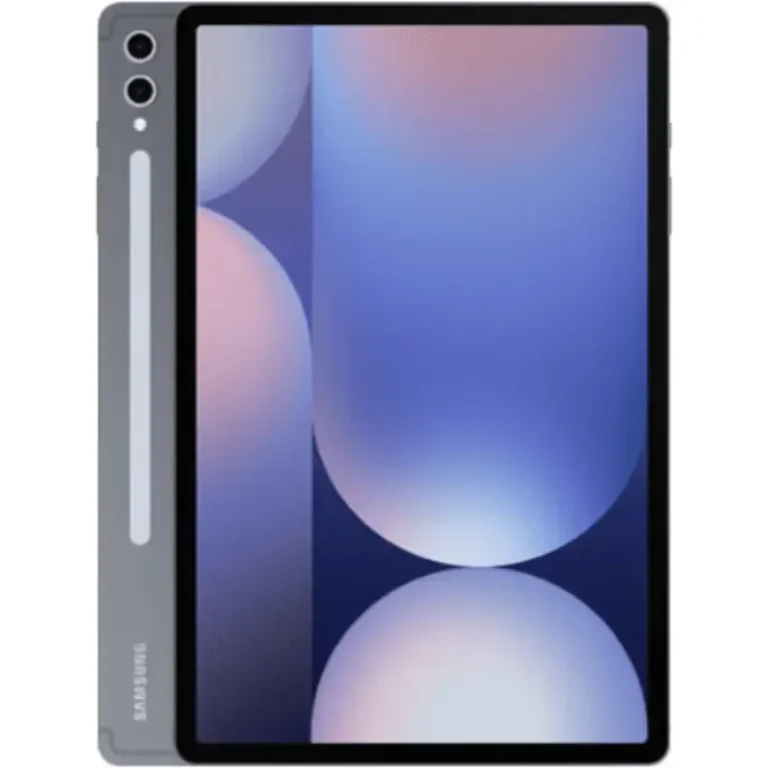 A sleek, silver Samsung Galaxy Tab S10+ tablet resting on a white surface, showcasing its large, high-resolution display.