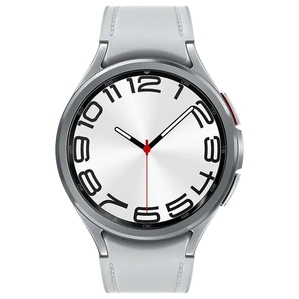 Samsung Galaxy Watch6 Classic smartwatch, silver stainless steel case with black rotating bezel, black leather strap, on a white background.