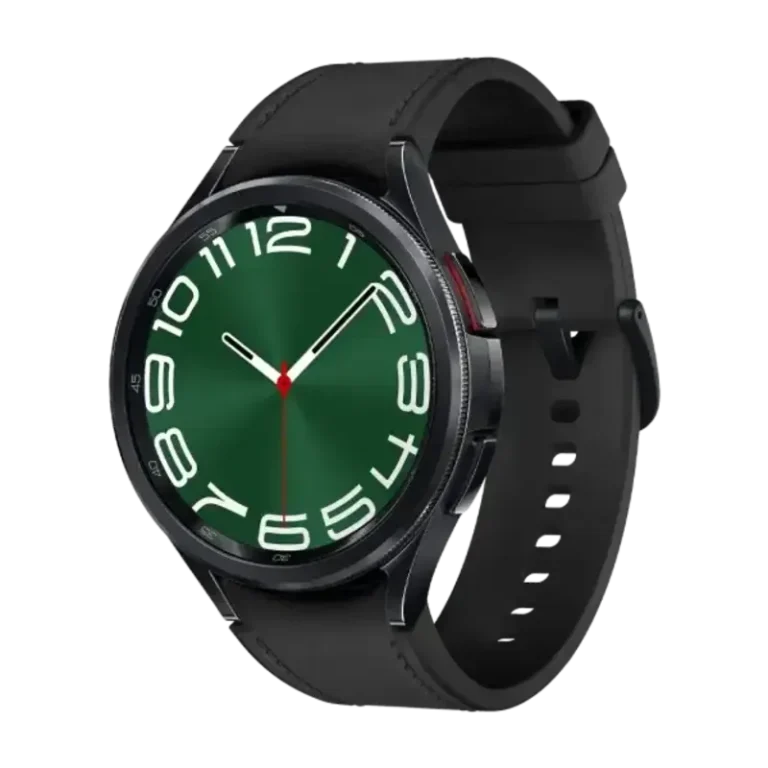 Samsung Galaxy Watch6 Classic smartwatch, silver stainless steel case with black rotating bezel, black leather strap, on a white background.