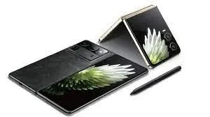 A modern, sleek smartphone folded in half with a glossy finish.