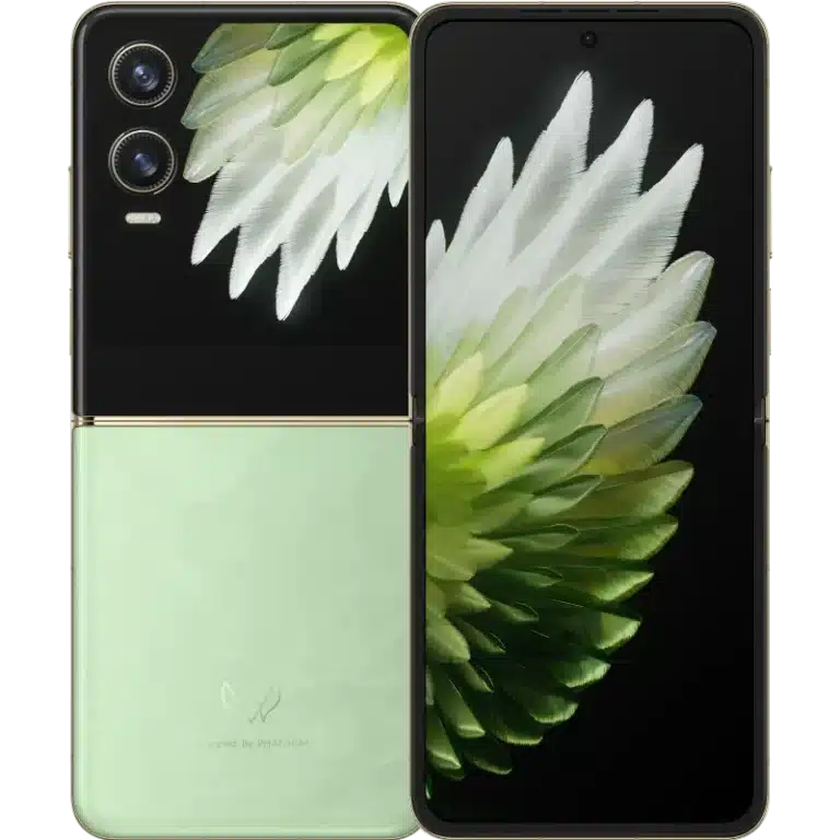 A modern, sleek smartphone folded in half with a glossy finish.