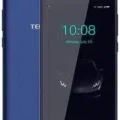 A Tecno Pop 1 Lite smartphone with a black front and a blue back.