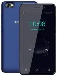 A Tecno Pop 1 Lite smartphone with a black front and a blue back.