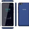 A Tecno Pop 1 Lite smartphone with a black front and a blue back.