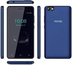 A Tecno Pop 1 Lite smartphone with a black front and a blue back.