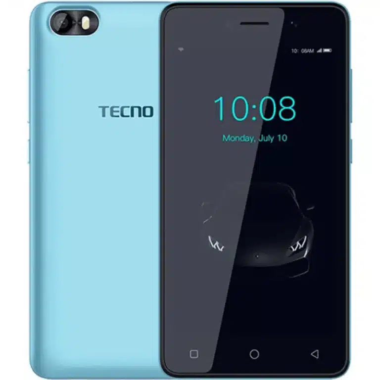 A Tecno Pop 1 Lite smartphone with a black front and a blue back.