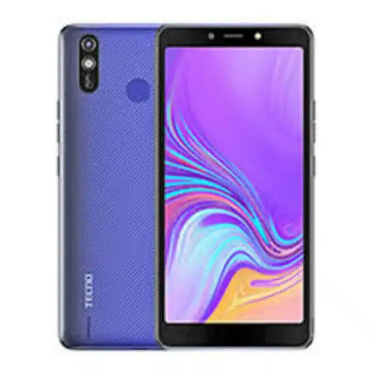 Tecno Pop 2 Plus smartphone in black, featuring a large screen, dual rear cameras, and a fingerprint sensor.