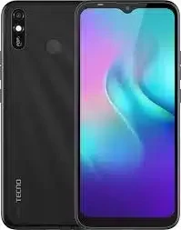 Tecno Pop 3 Plus smartphone in blue, showing the front display, dual rear cameras, and fingerprint sensor.
