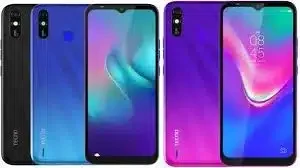 Tecno Pop 3 Plus smartphone in blue, showing the front display, dual rear cameras, and fingerprint sensor.