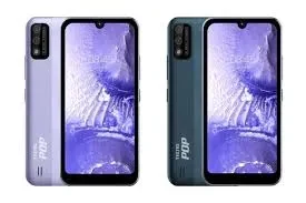Tecno Pop 5S smartphone in a sleek black color, featuring a large display and dual rear cameras.