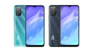 A sleek black Tecno Pop 5X smartphone with a large display.