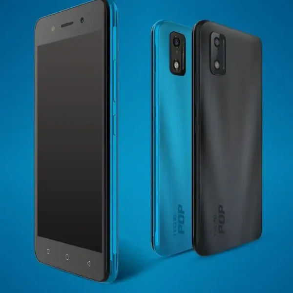 A Tecno Pop 5c smartphone with a sleek design and a black color, showcasing its front and back.