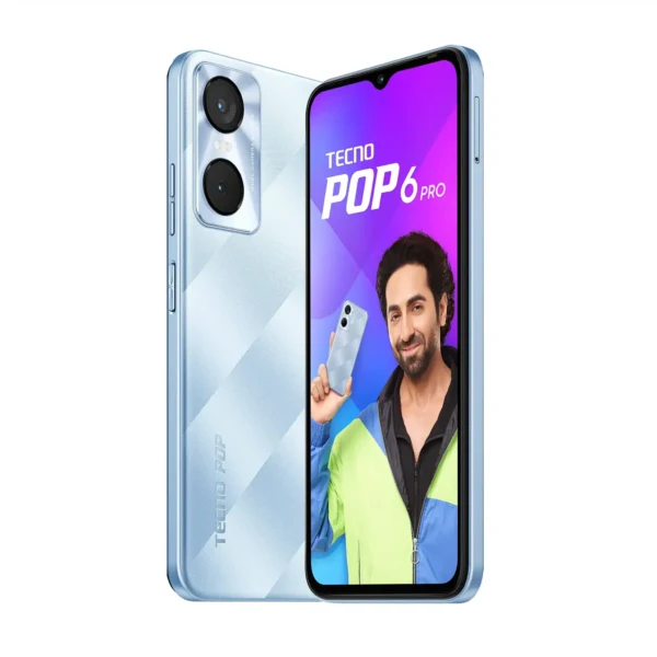 A Tecno Pop 6 Pro smartphone with a black finish, featuring a large display, a fingerprint sensor, and dual rear cameras.