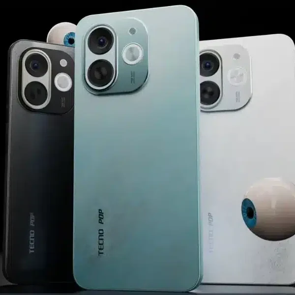 Tecno Pop 9 smartphone, front view, showcasing its large display and slim design.