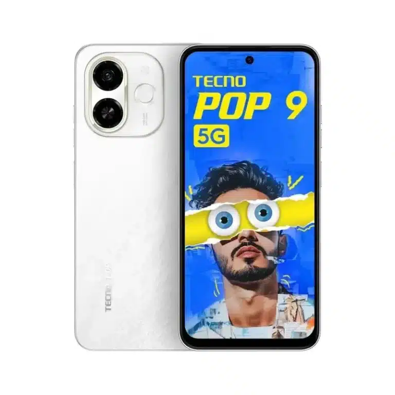 Tecno Pop 9 smartphone, front view, showcasing its large display and slim design.