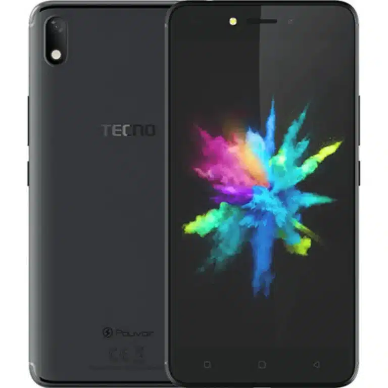 A Tecno Pouvoir 1 smartphone with a large battery, displayed on a black background.