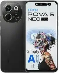 A Tecno Pova 6 Neo 5G smartphone in black, showcasing its large display, sleek design, and camera setup.