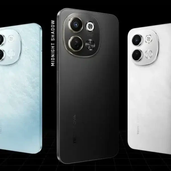 A Tecno Pova 6 Neo 5G smartphone in black, showcasing its large display, sleek design, and camera setup.