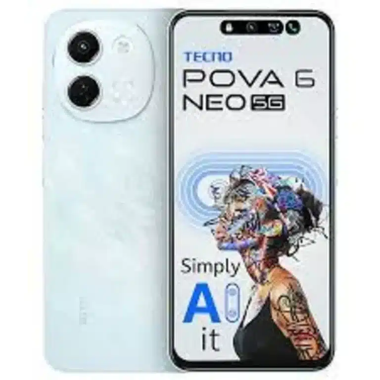 A Tecno Pova 6 Neo 5G smartphone in black, showcasing its large display, sleek design, and camera setup.
