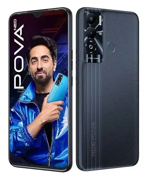 Tecno Pova Neo smartphone with a large display, dual rear cameras, and a textured back.