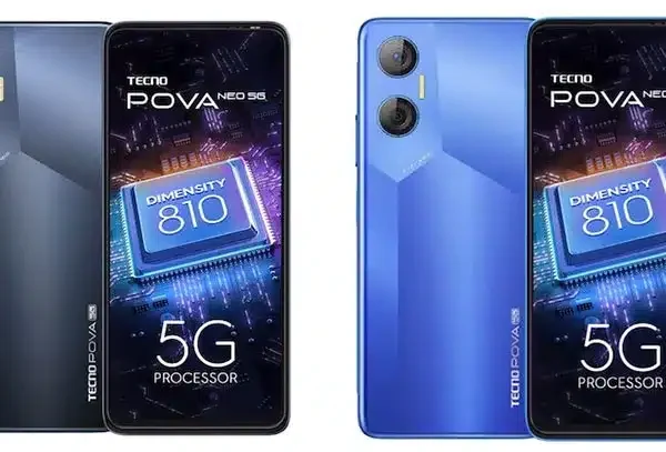 A Tecno Pova Neo 5G smartphone with a sleek black design and a large screen.