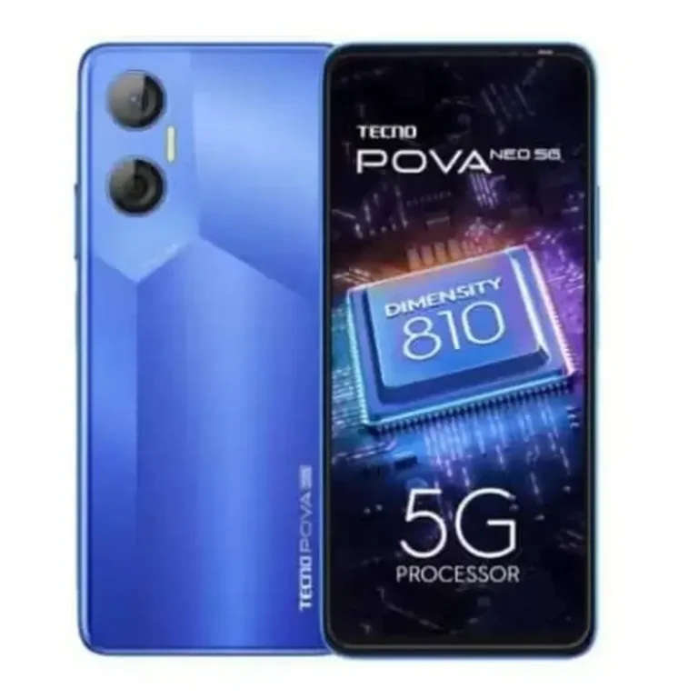 Tecno Pova Neo 5G A Tecno Pova Neo 5G smartphone with a sleek black design and a large screen.
