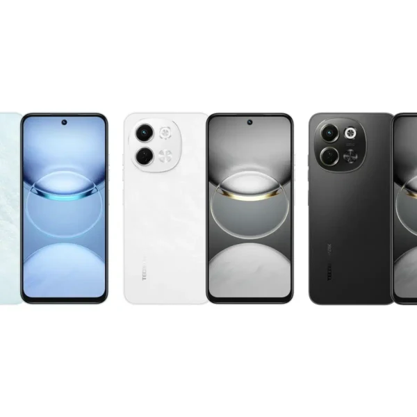 A close-up of the Tecno Spark 30 5G smartphone, showing its sleek design and vibrant color scheme.