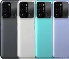 Tecno Spark 8C smartphone with a large display, dual rear cameras, and a fingerprint sensor.